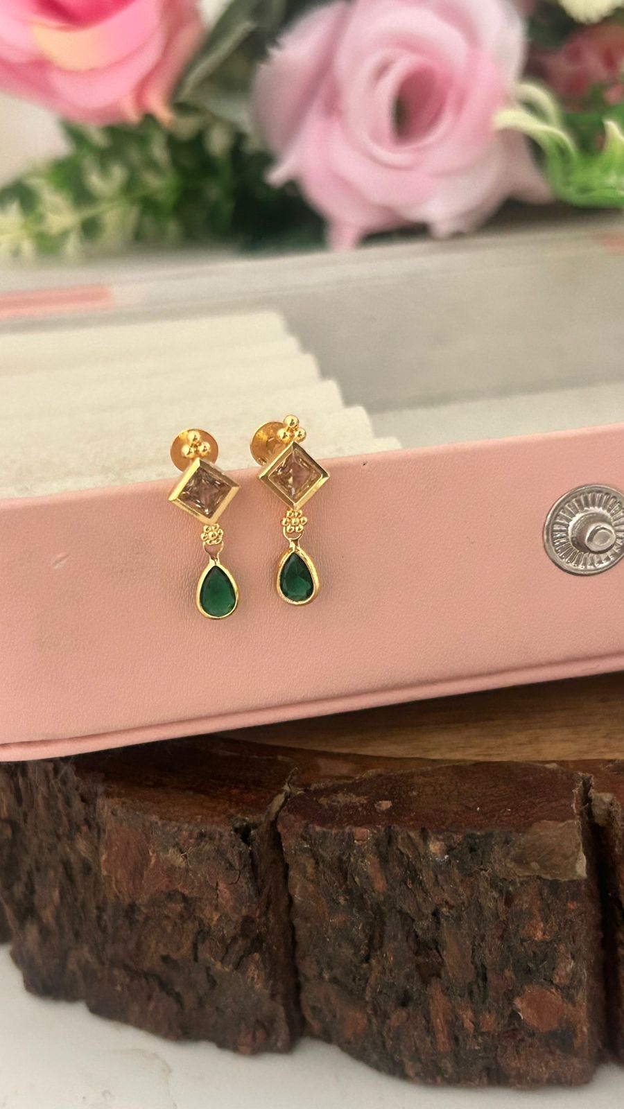 Traditional Screwback Earrings with Diamond Look Stone & green Drop