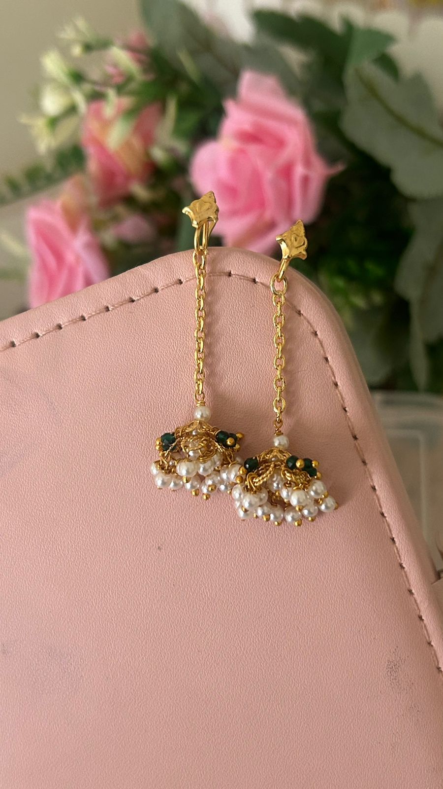 Traditional Guttapusalu String Earrings with Pearls & Green Muvvalu