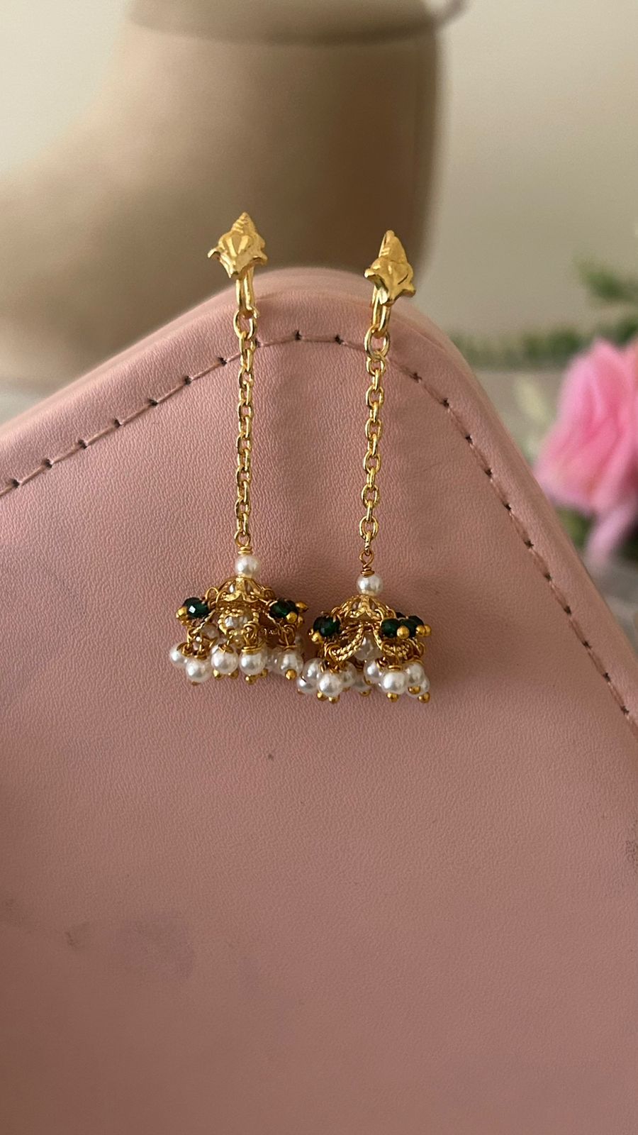 Traditional Guttapusalu String Earrings with Pearls & Green Muvvalu