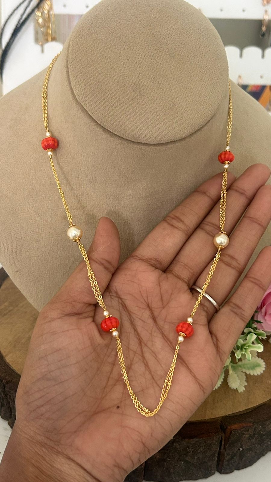 Handcrafted Double Line Chandraharam Necklace with Pumpkin Beads & Swarovski beads