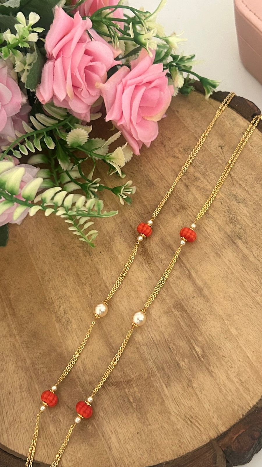 Handcrafted Double Line Chandraharam Necklace with Pumpkin Beads & Swarovski beads