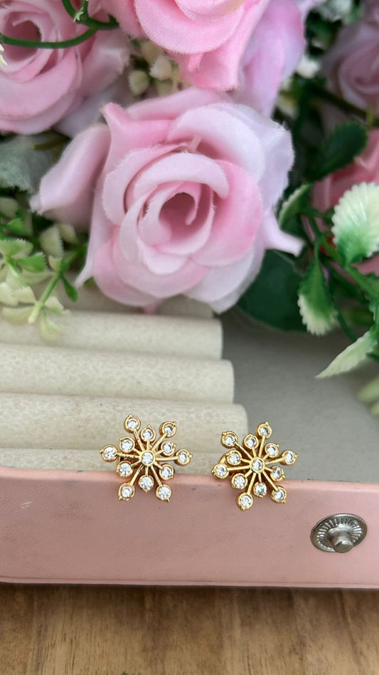 Traditional Panchaloham Floral Studs ( small size) – Big Six-Petal Design with White Stones