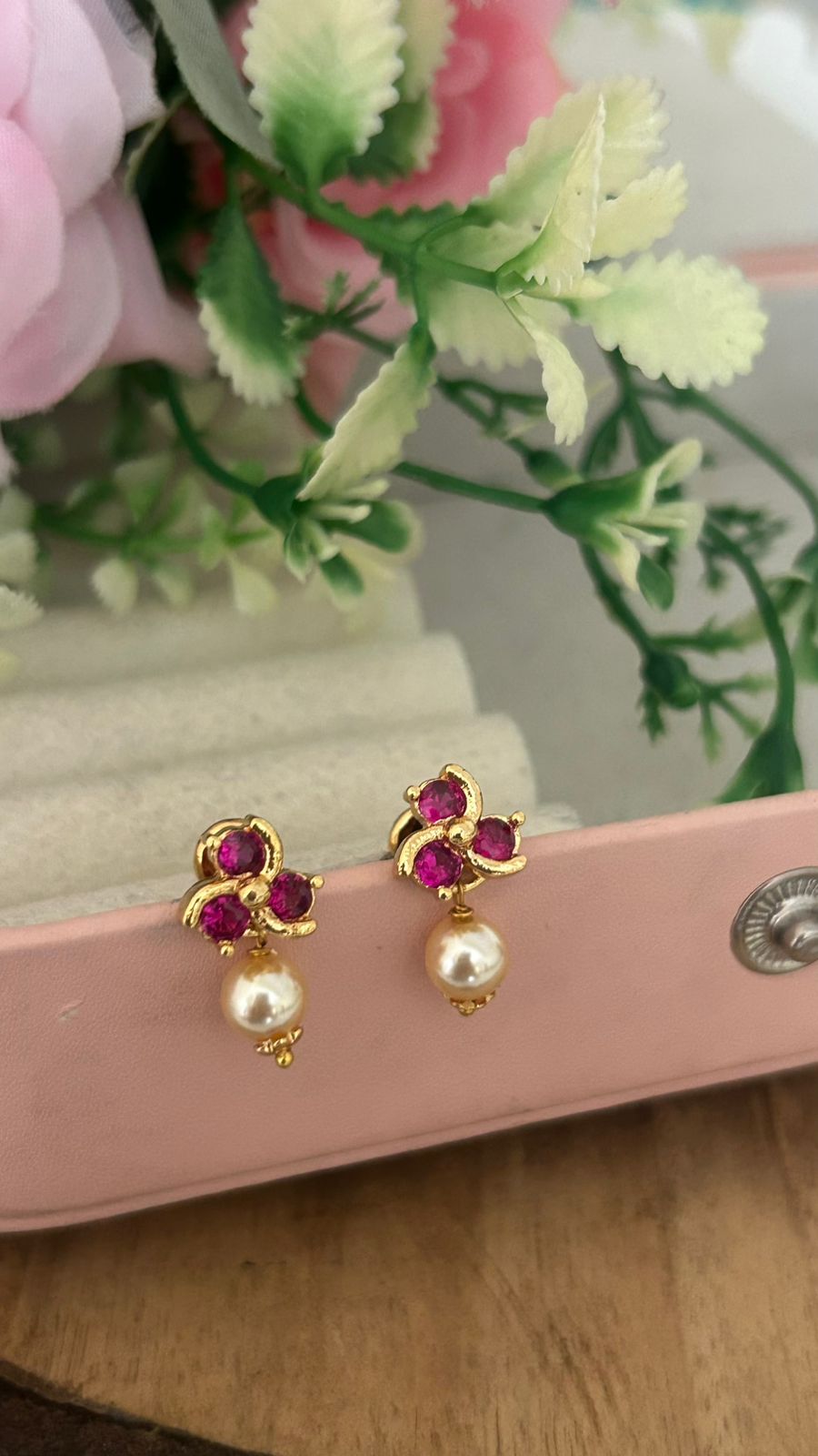 Panchaloham polished Ruby Stud Earrings with Detachable Swarovski Pearl Drop