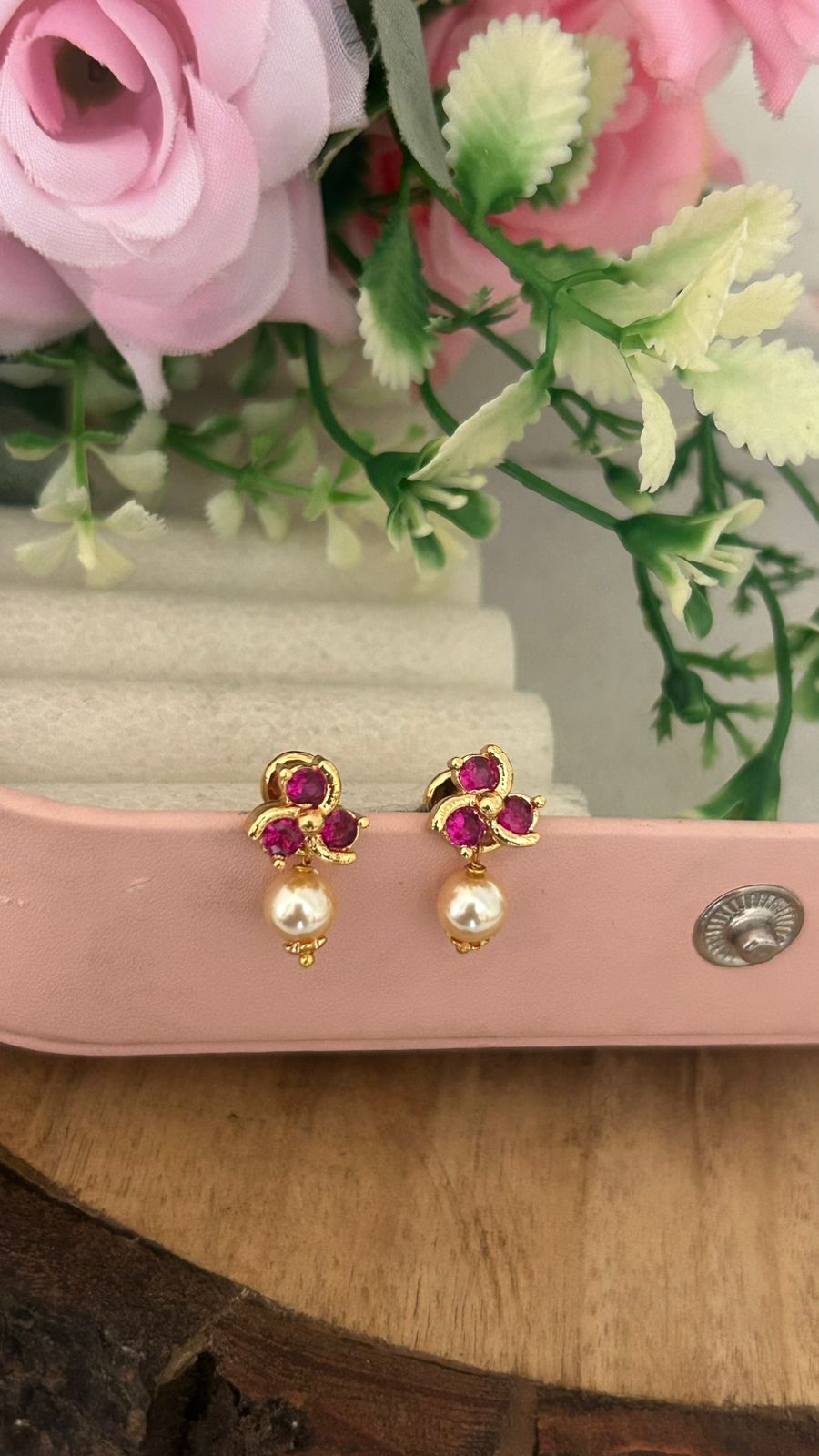Panchaloham polished Ruby Stud Earrings with Detachable Swarovski Pearl Drop