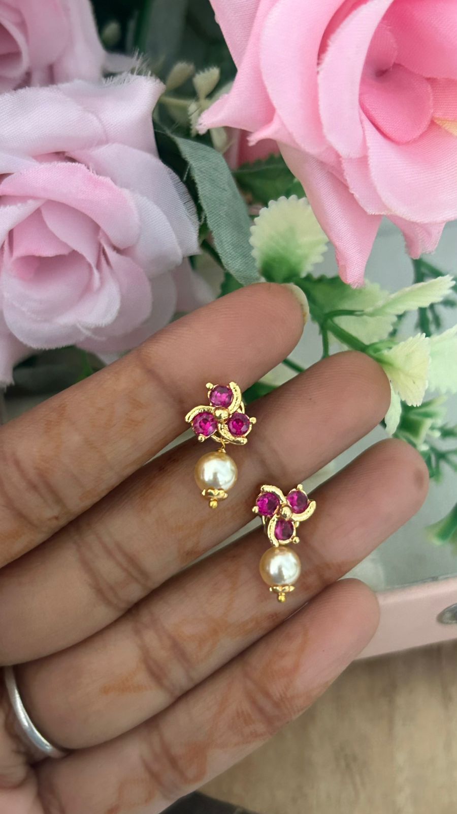 Panchaloham polished Ruby Stud Earrings with Detachable Swarovski Pearl Drop