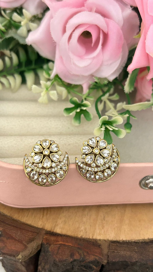 Antique Gold Finish Floral Studs with Moon Crescent Detailing
