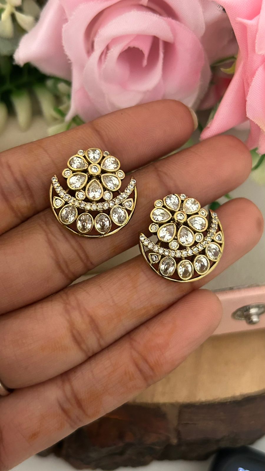 Antique Gold Finish Floral Studs with Moon Crescent Detailing