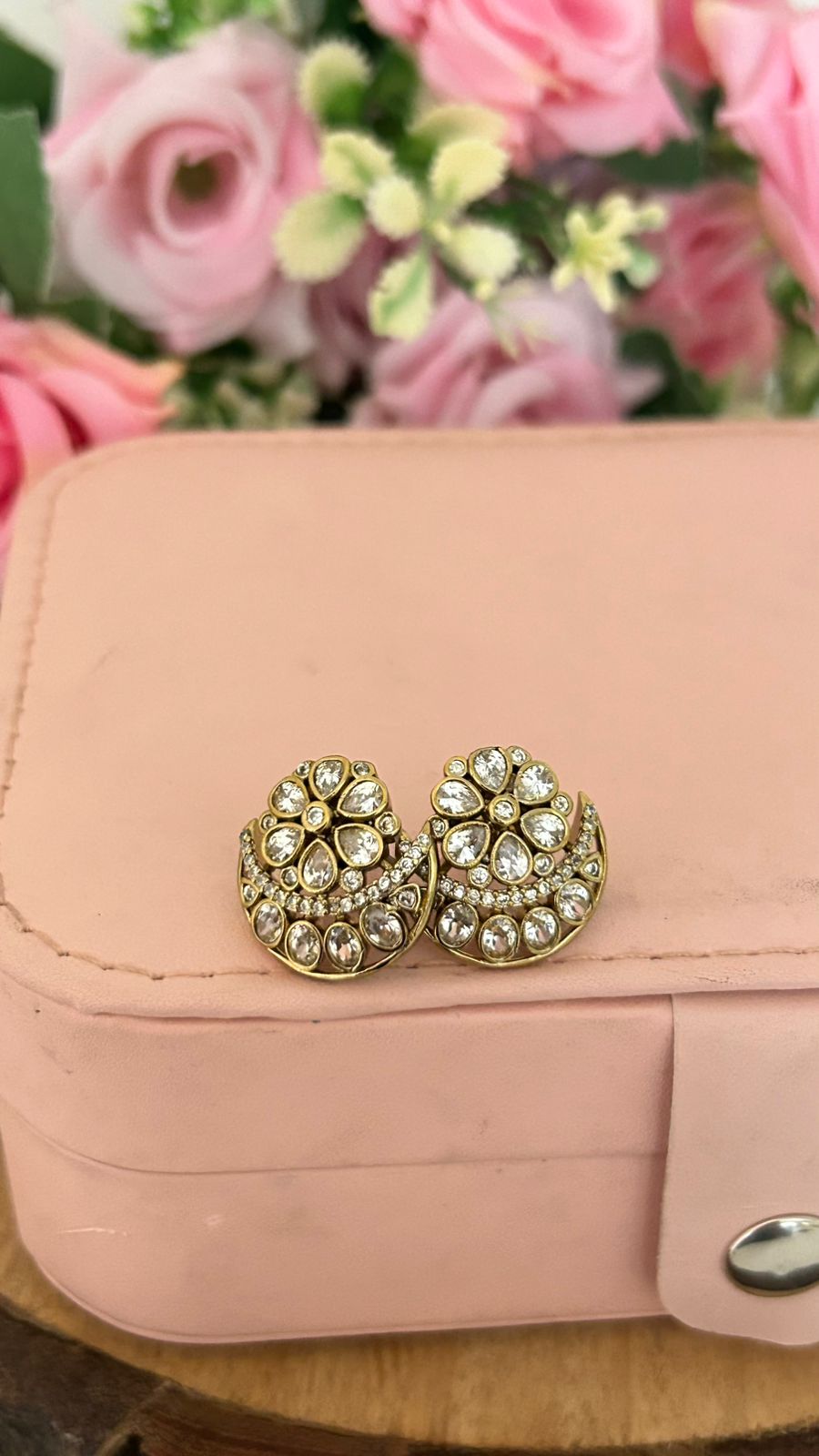 Antique Gold Finish Floral Studs with Moon Crescent Detailing