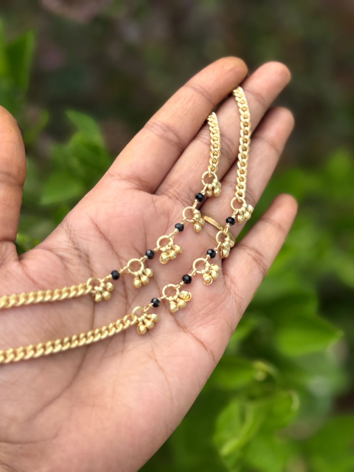 Black Beaded Panchaloha Anklets (10.5 Inch) Unpolished – Traditional Antique Chain Payal with Charms