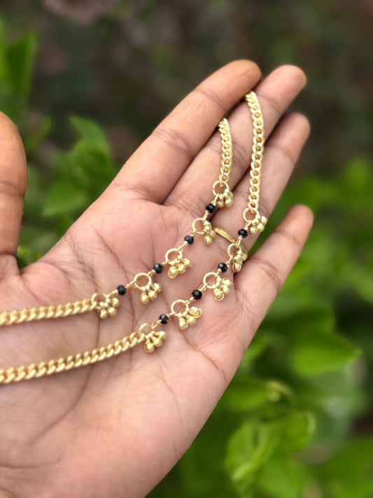 Black Beaded Panchaloha Anklets (10.5 Inch) Unpolished – Traditional Antique Chain Payal with Charms