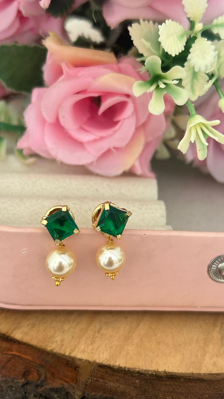 Panchaloha Green Stone Stud Earrings with Detachable Swarovski Pearl Drops