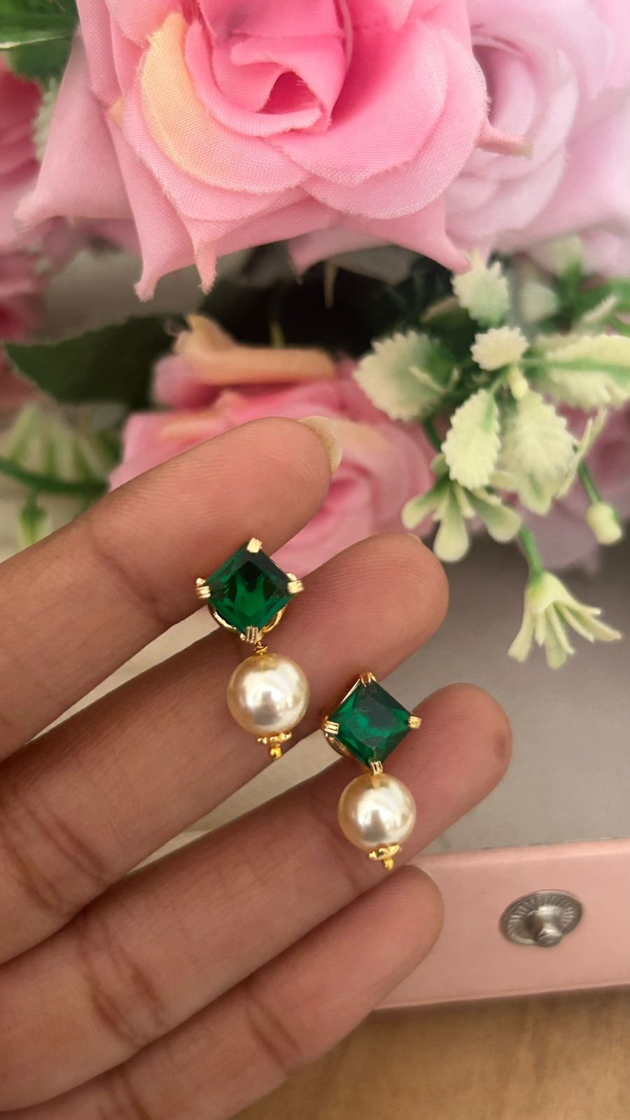 Panchaloha Green Stone Stud Earrings with Detachable Swarovski Pearl Drops