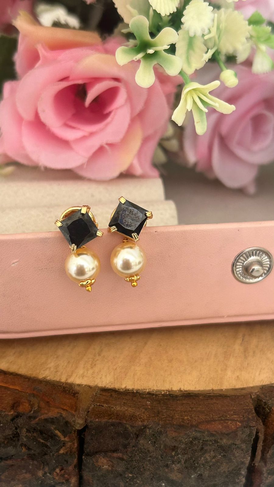 Panchaloha Green Stone Stud Earrings with Detachable Swarovski Pearl Drops