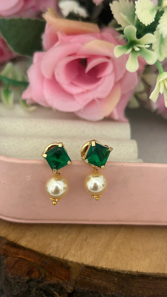 Panchaloha Green Stone Stud Earrings with Detachable Swarovski Pearl Drops