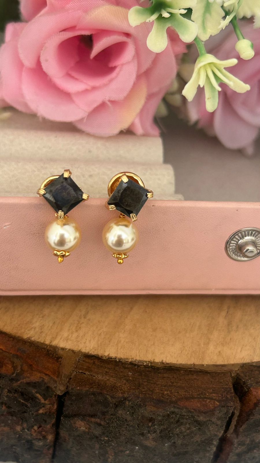 Panchaloha Green Stone Stud Earrings with Detachable Swarovski Pearl Drops