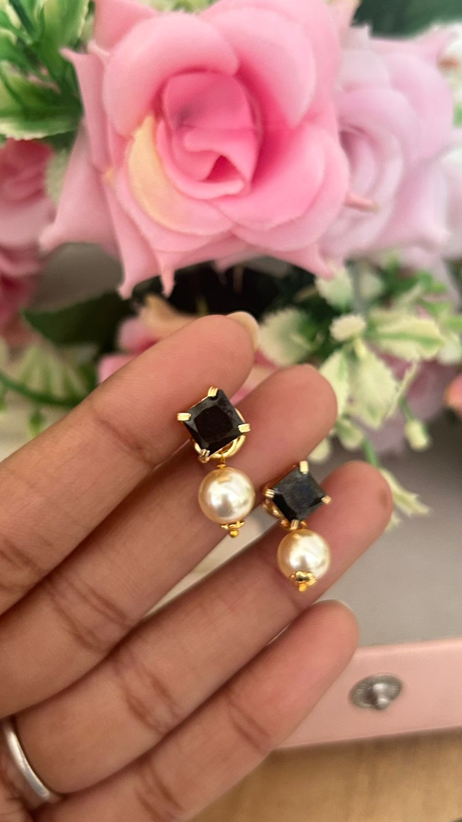 Panchaloha Green Stone Stud Earrings with Detachable Swarovski Pearl Drops