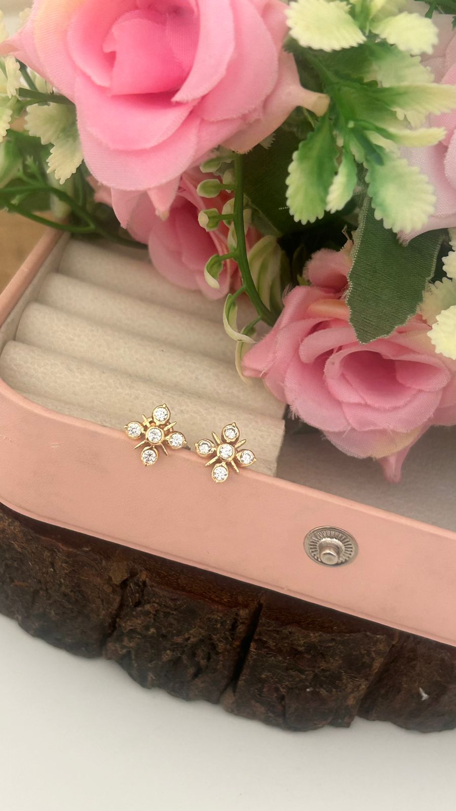 "Elegant Panchaloham small Stud Earrings with Emerald Center and Crystal Accents (small size)– Traditional Gold-Toned Jewelry"