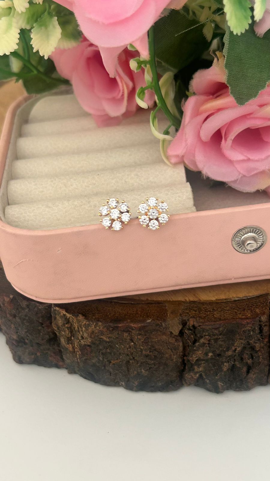 Minimal Floral Panchaloham Studs in Full White Stone Work