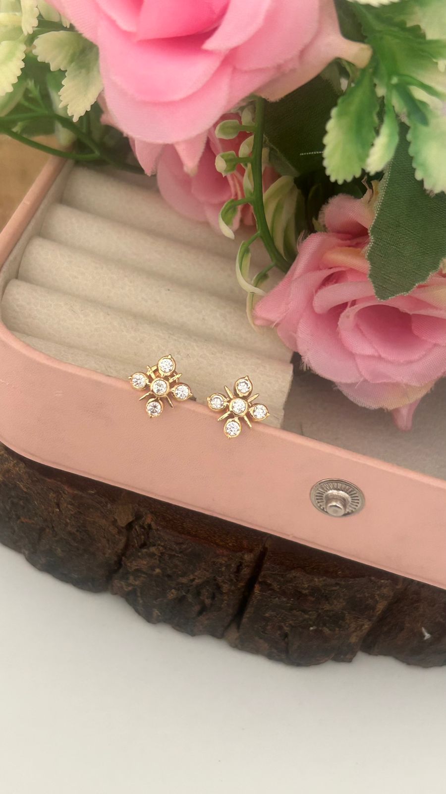 "Elegant Panchaloham small Stud Earrings with Emerald Center and Crystal Accents (small size)– Traditional Gold-Toned Jewelry"