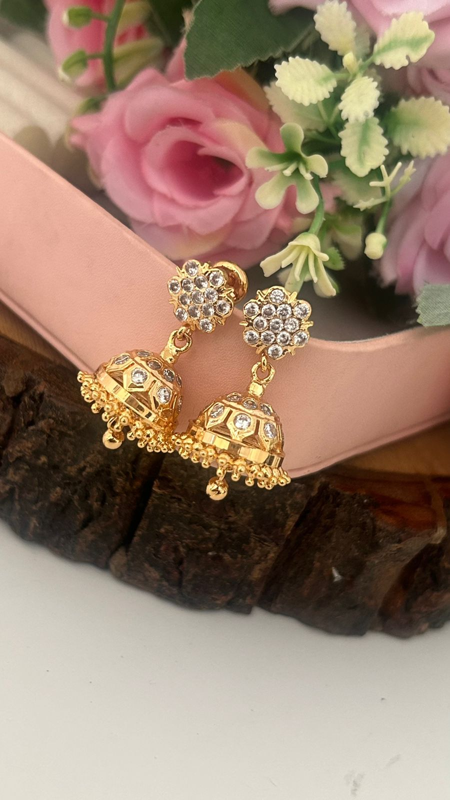 Panchaloham Polished Full White Detachable big size Jhumka Earrings with Stone Floral Top