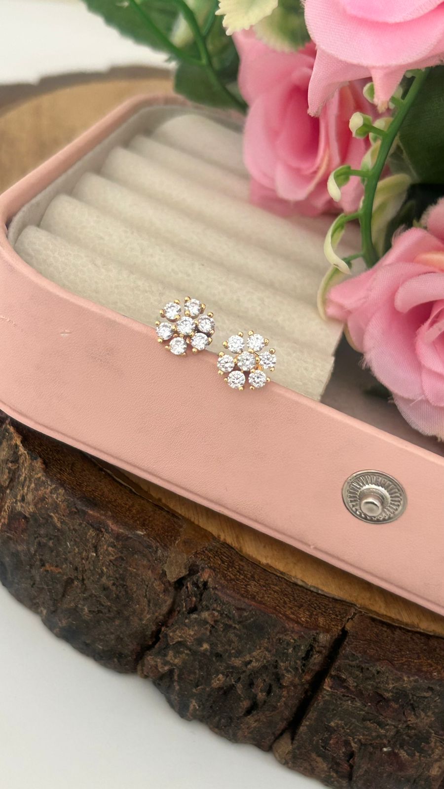 Minimal Floral Panchaloham Studs in Full White Stone Work