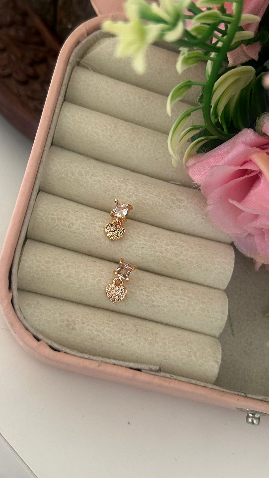 Elegant Heart Drop CZ Stud Earrings – Gold Tone Crystal Earrings