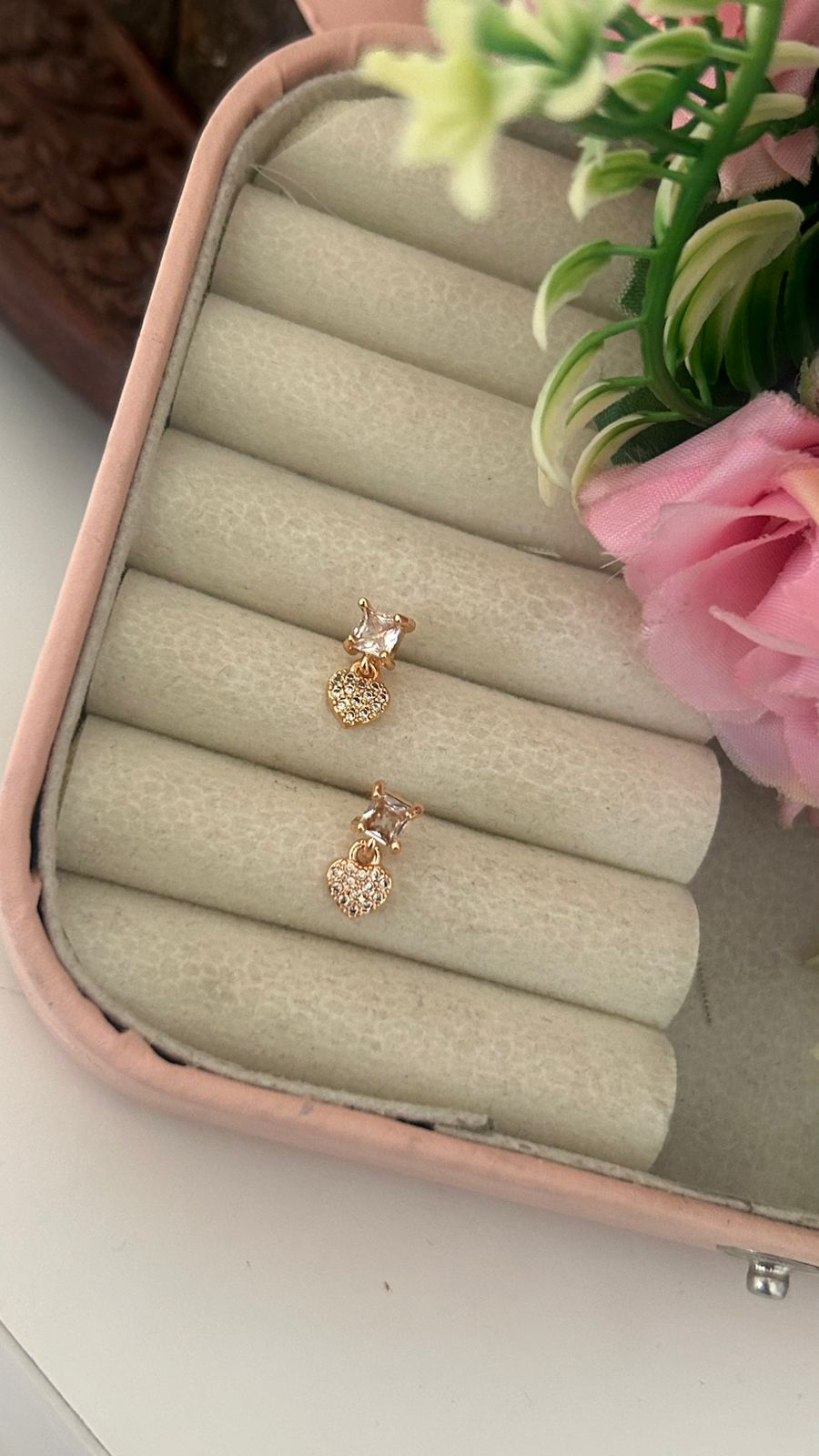 Elegant Heart Drop CZ Stud Earrings – Gold Tone Crystal Earrings