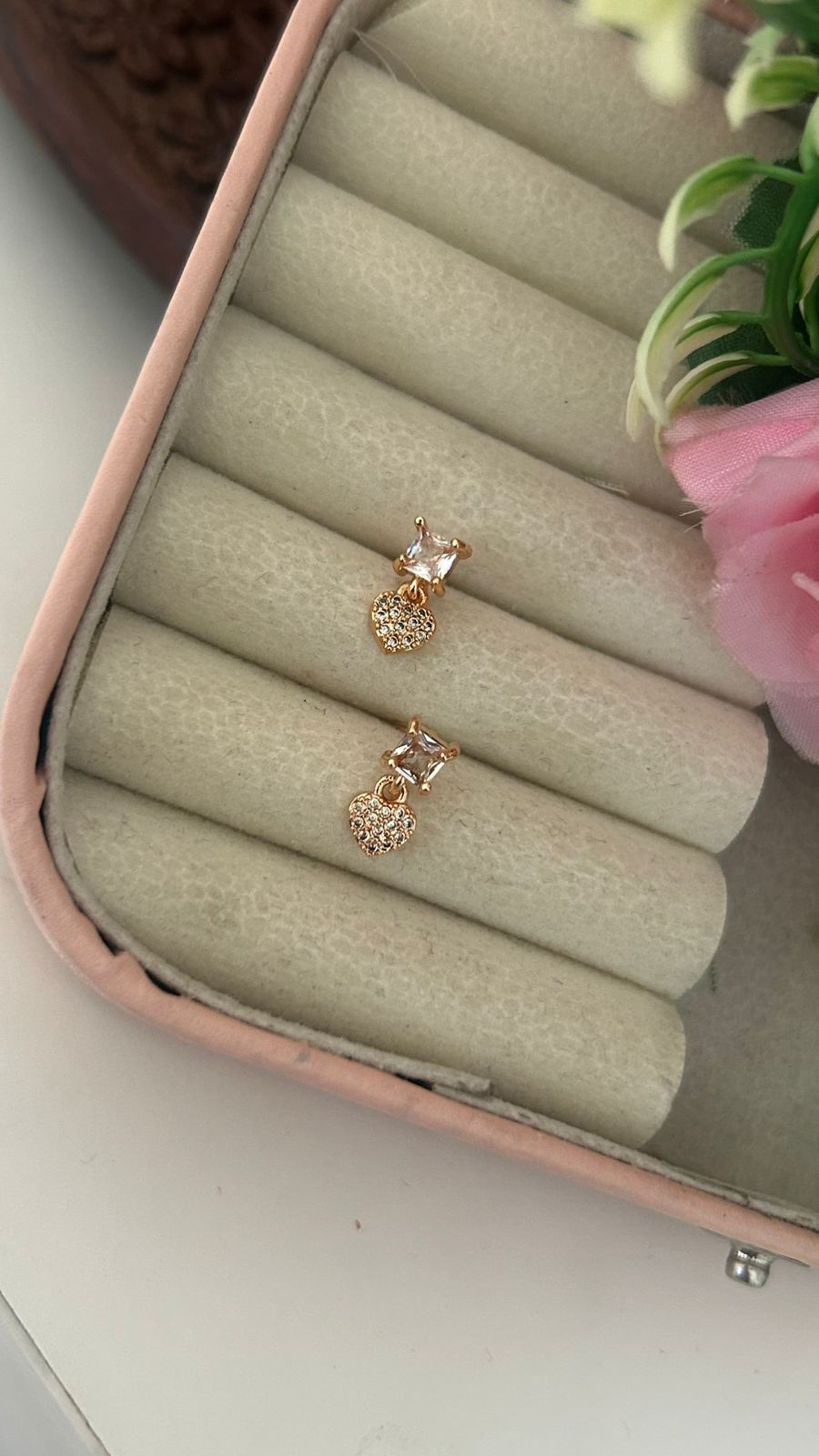 Elegant Heart Drop CZ Stud Earrings – Gold Tone Crystal Earrings