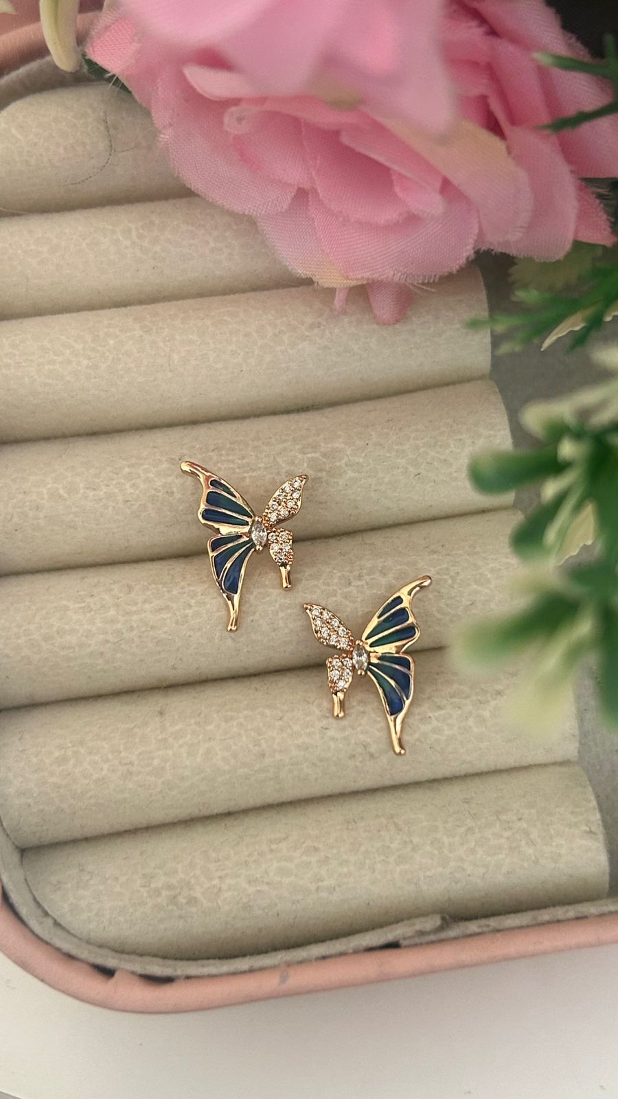 Cute Butterfly Design CZ Stud Earrings – Enamel Rose Gold Earrings