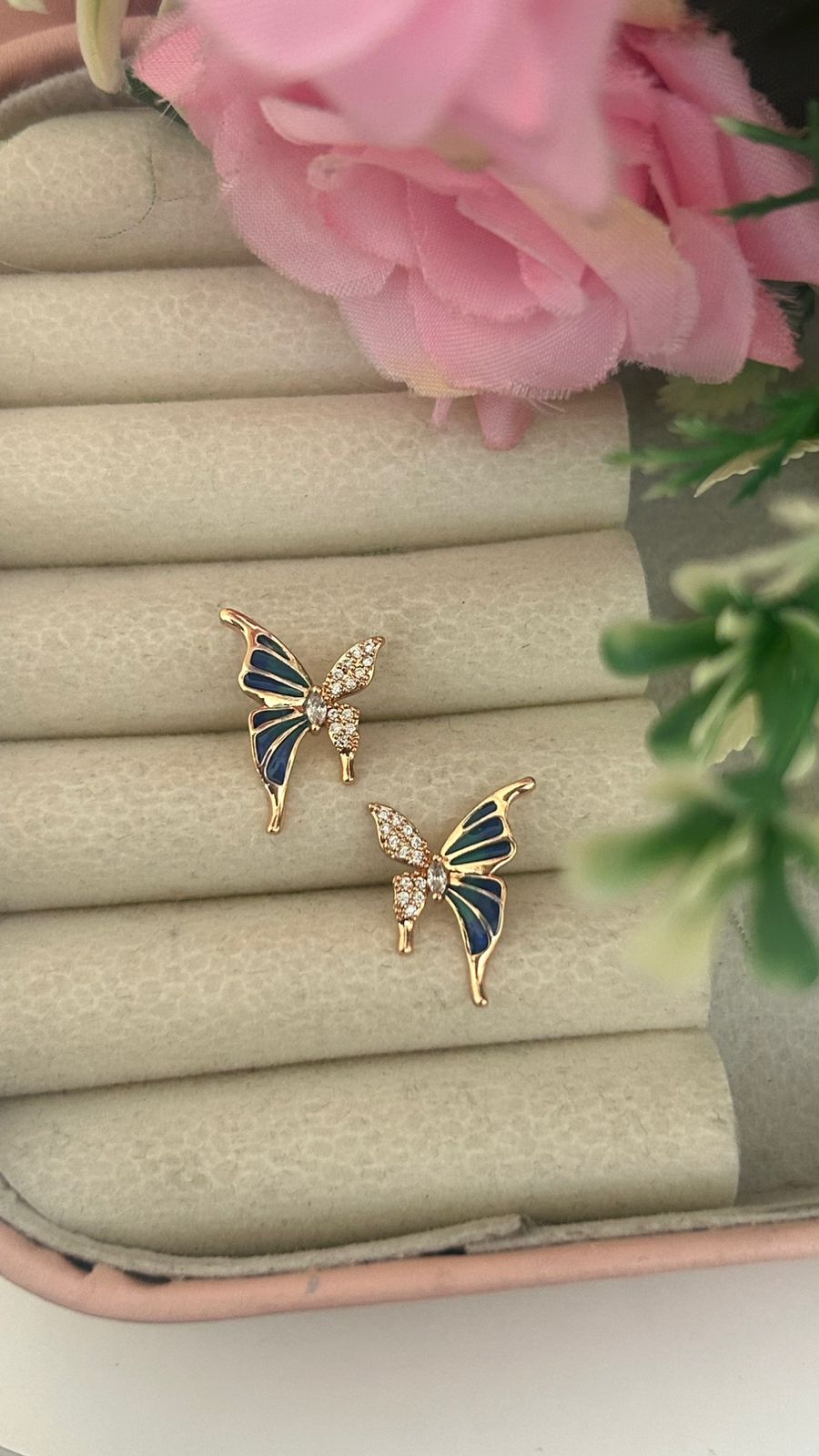 Cute Butterfly Design CZ Stud Earrings – Enamel Rose Gold Earrings
