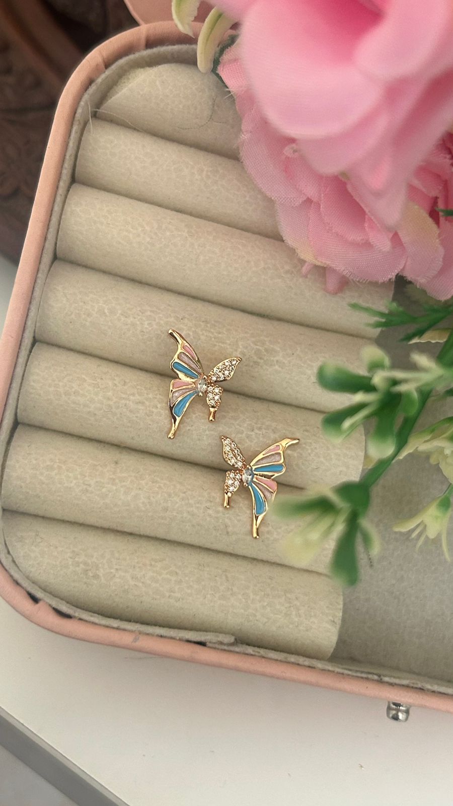 Cute Butterfly Design CZ Stud Earrings – Enamel Rose Gold Earrings