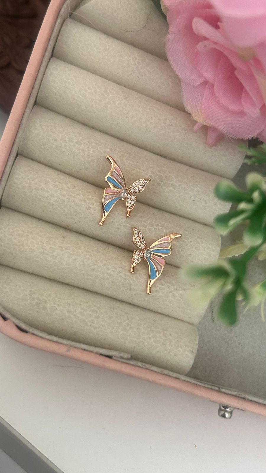 Cute Butterfly Design CZ Stud Earrings – Enamel Rose Gold Earrings