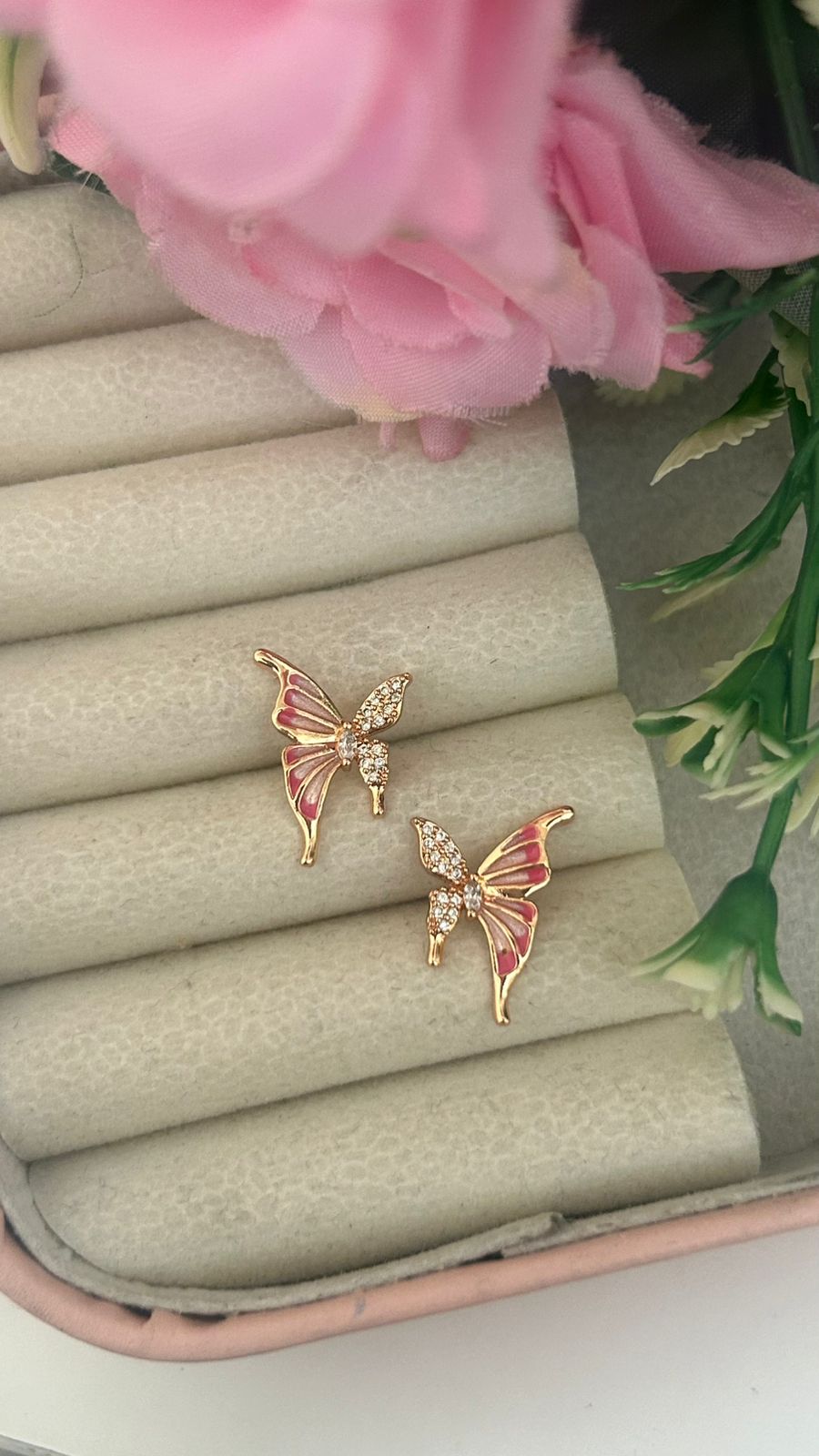 Cute Butterfly Design CZ Stud Earrings – Enamel Rose Gold Earrings
