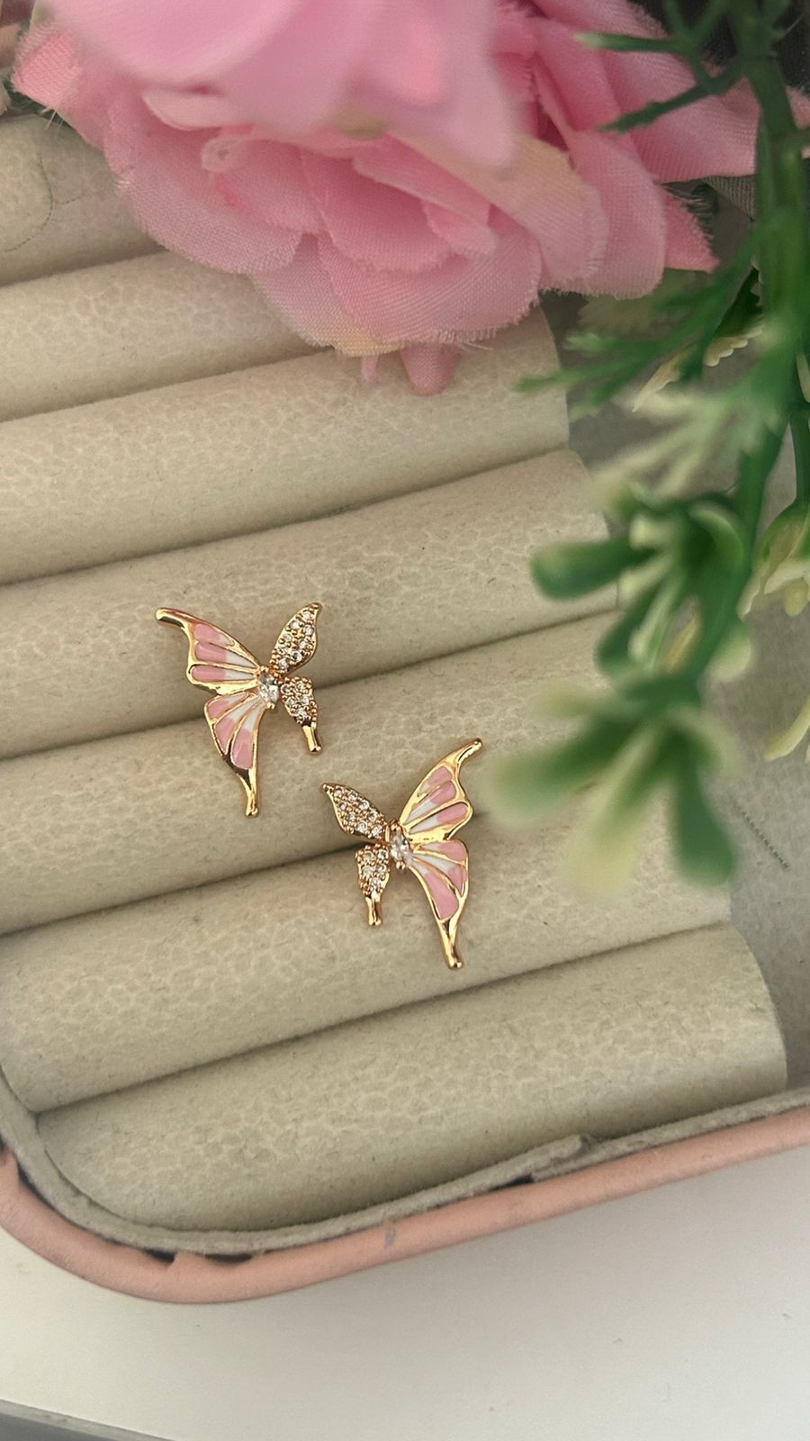 Cute Butterfly Design CZ Stud Earrings – Enamel Rose Gold Earrings