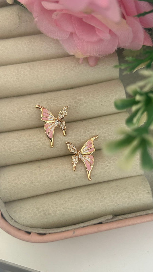 Cute Butterfly Design CZ Stud Earrings – Enamel Rose Gold Earrings