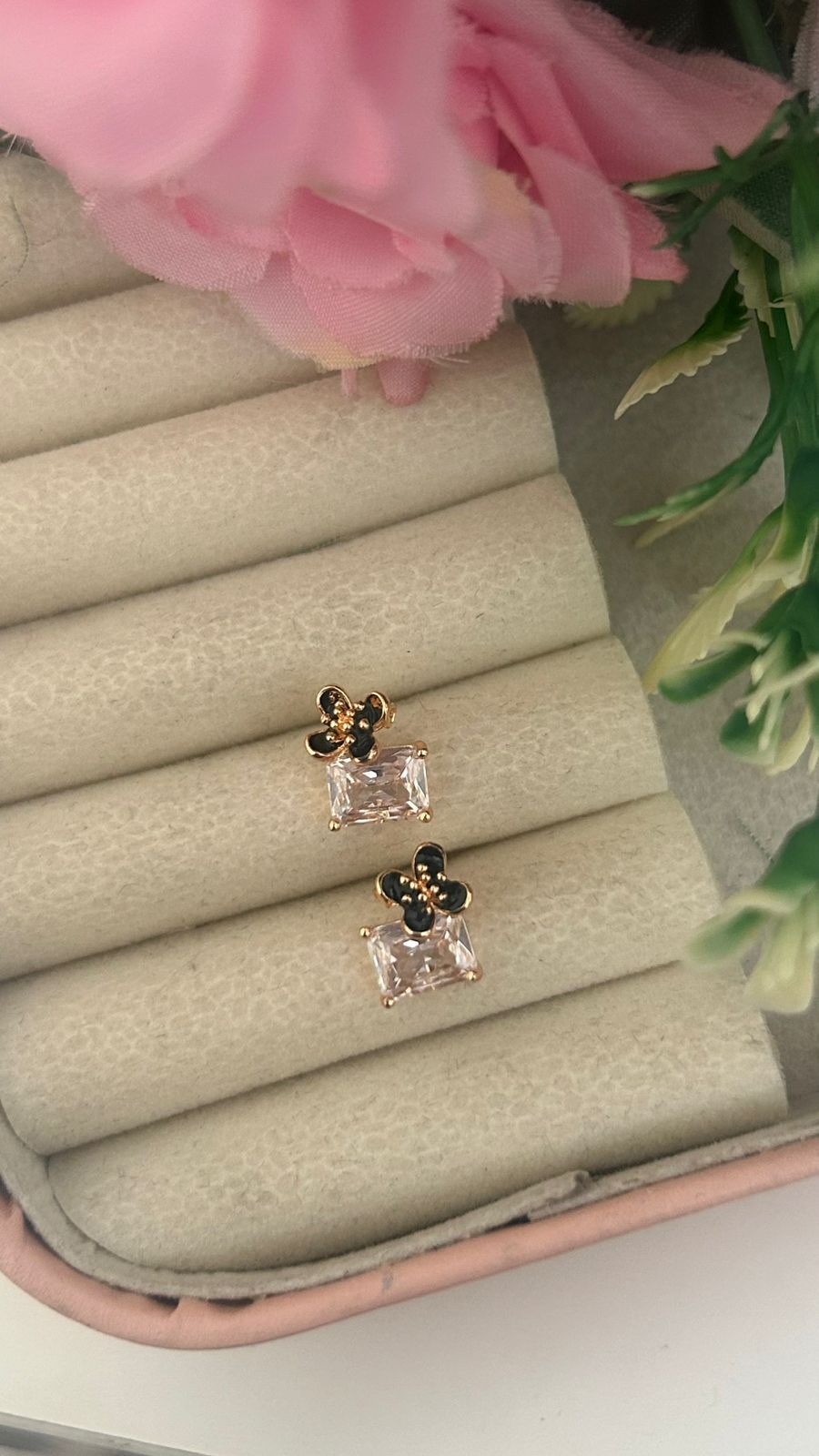 Elegant Floral Crystal Stud Earrings – Princess Cut CZ Gold Earrings for Women