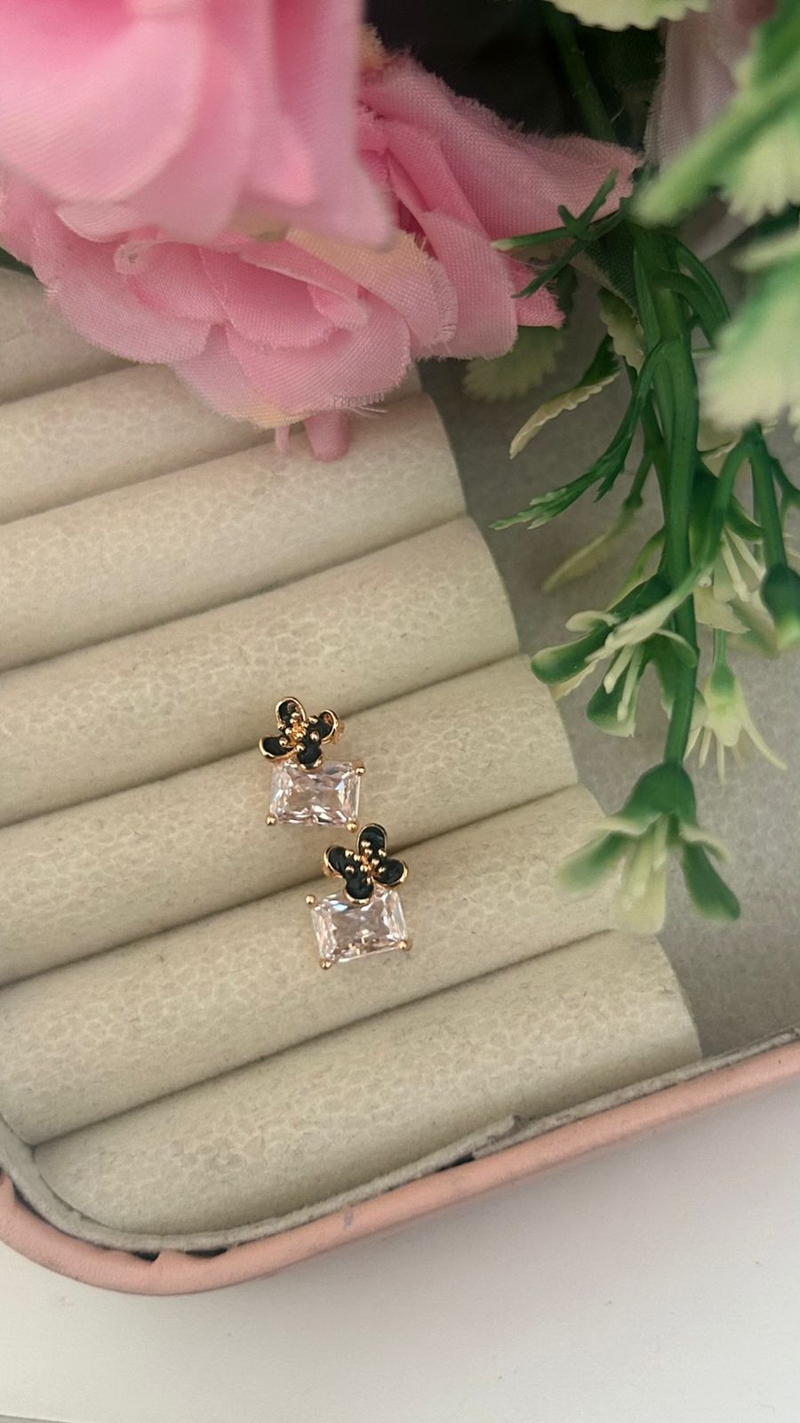 Elegant Floral Crystal Stud Earrings – Princess Cut CZ Gold Earrings for Women