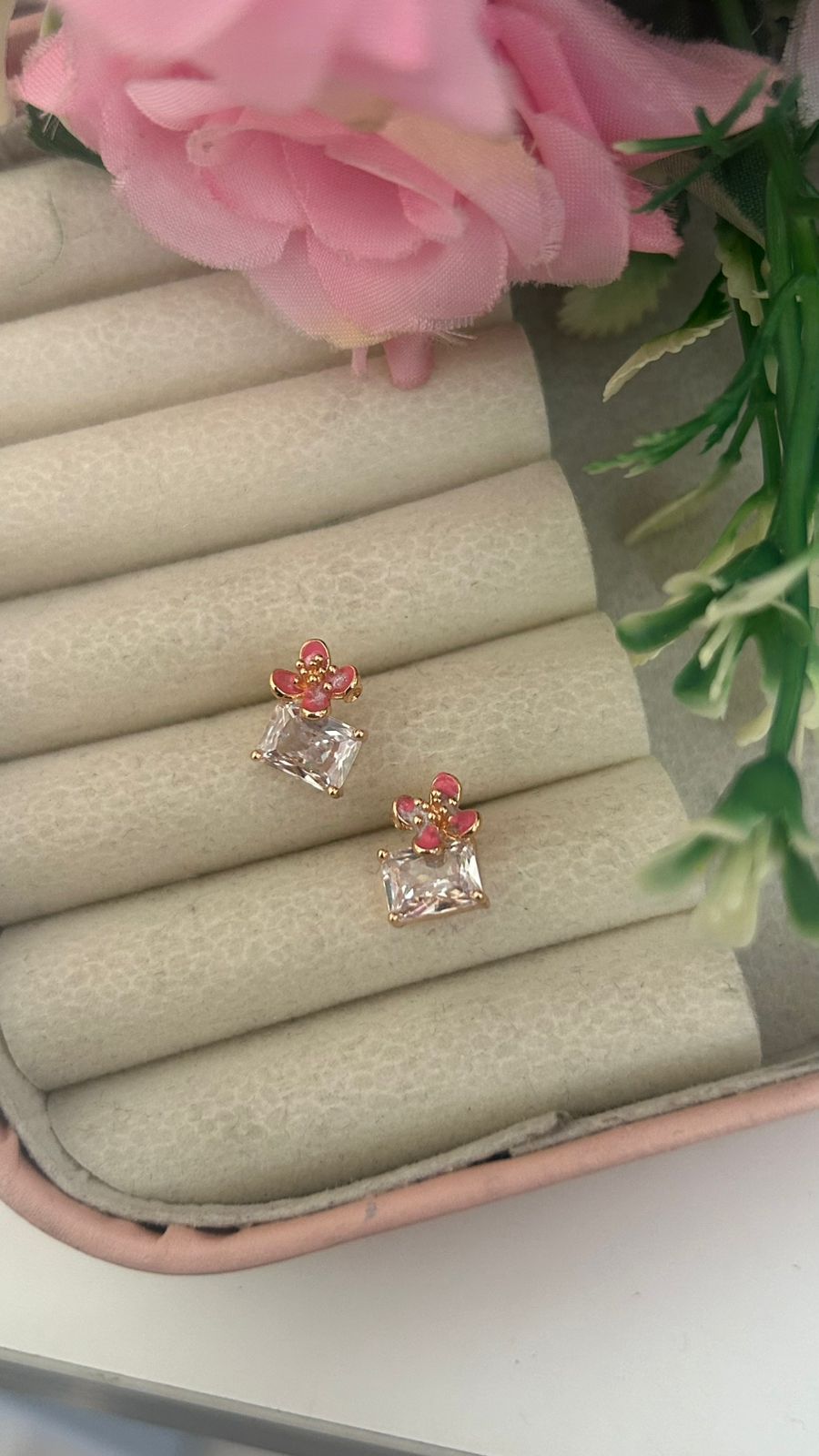 Elegant Floral Crystal Stud Earrings – Princess Cut CZ Gold Earrings for Women