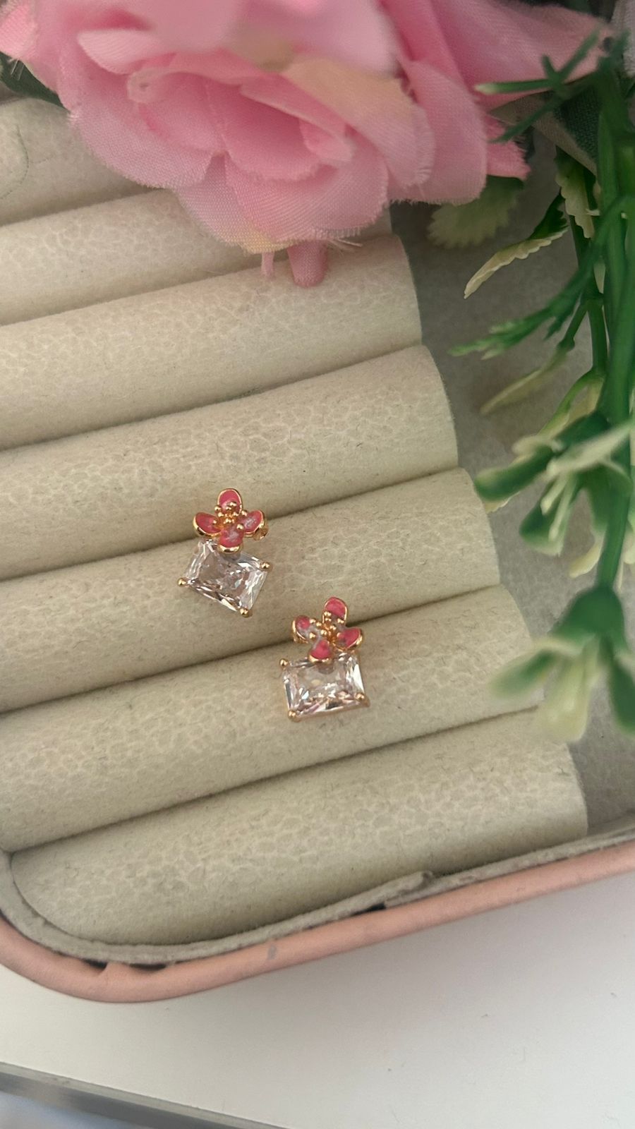 Elegant Floral Crystal Stud Earrings – Princess Cut CZ Gold Earrings for Women