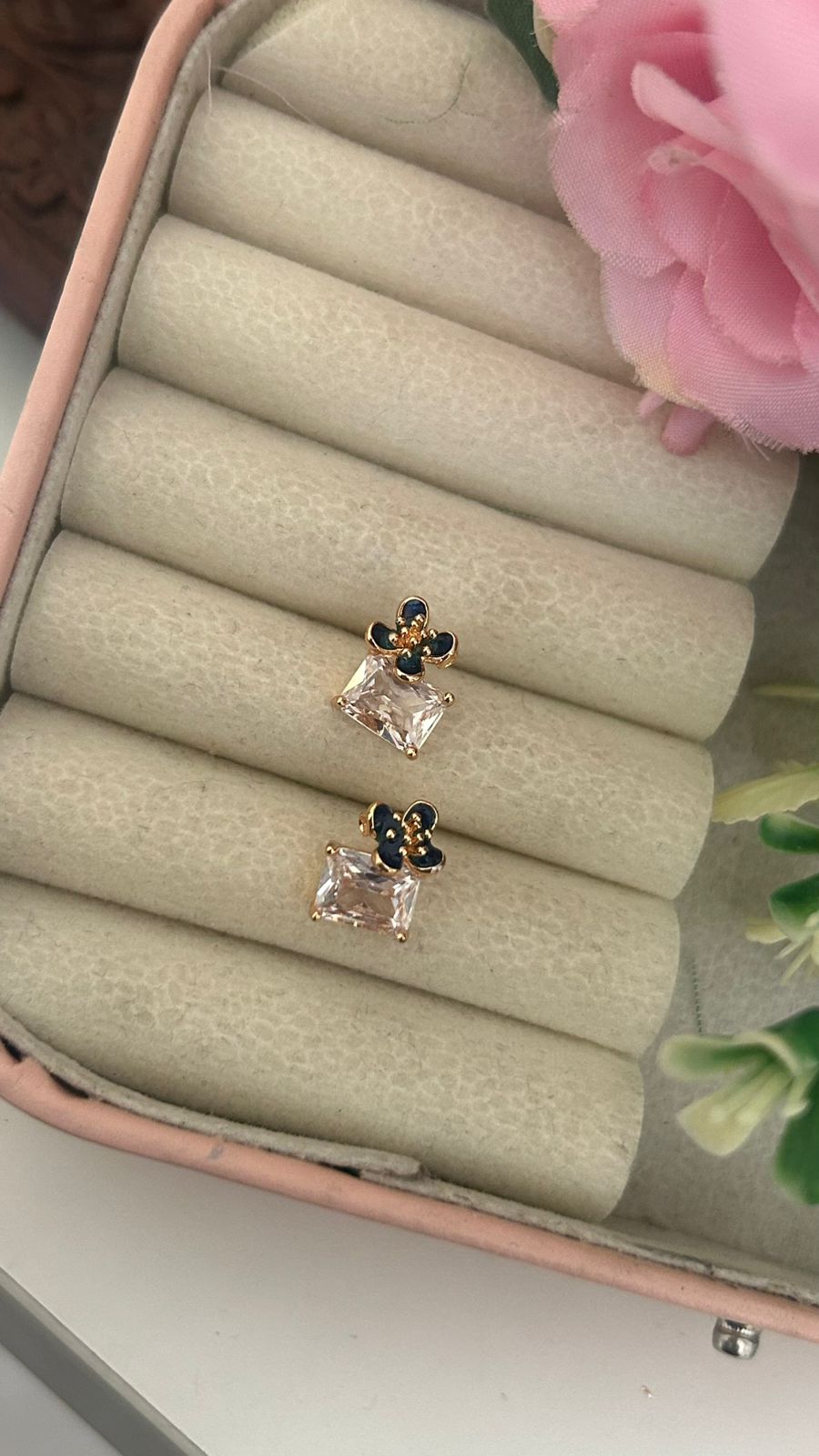 Elegant Floral Crystal Stud Earrings – Princess Cut CZ Gold Earrings for Women