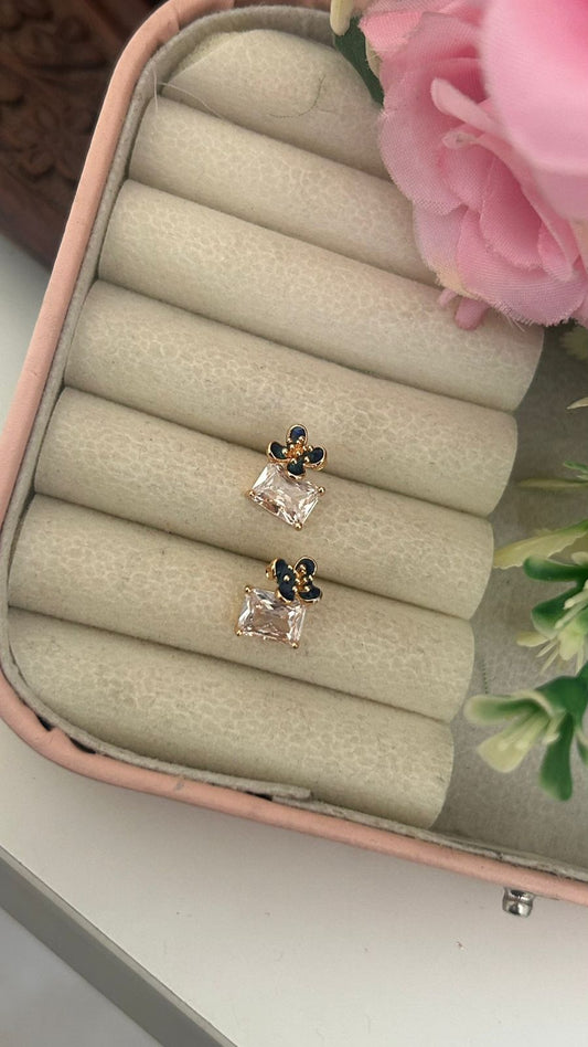 Elegant Floral Crystal Stud Earrings – Princess Cut CZ Gold Earrings for Women
