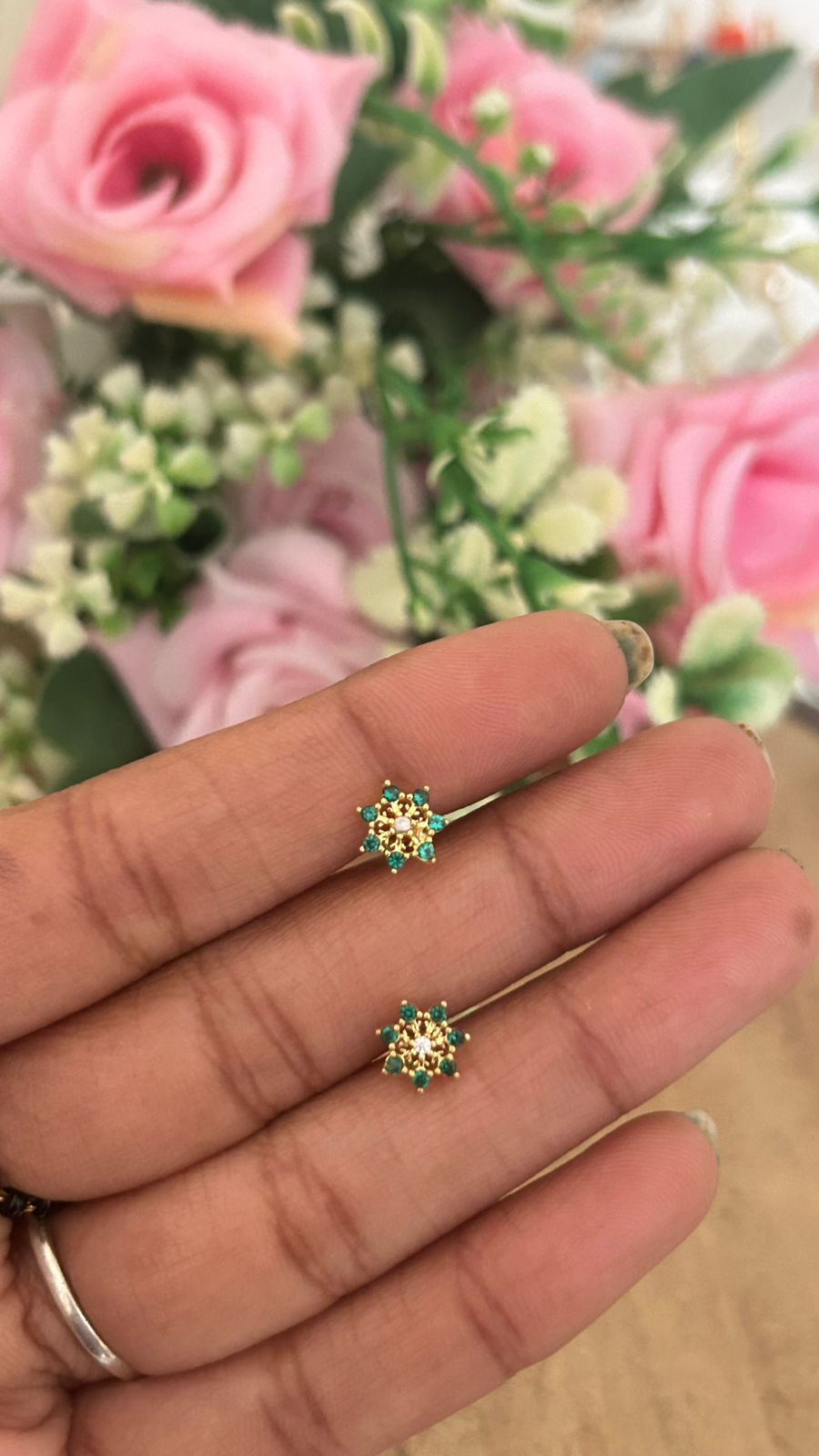Tiny Green Stone Floral Stud Earrings – Nose Pin Type Back Screw | Mini Second Piercing Studs