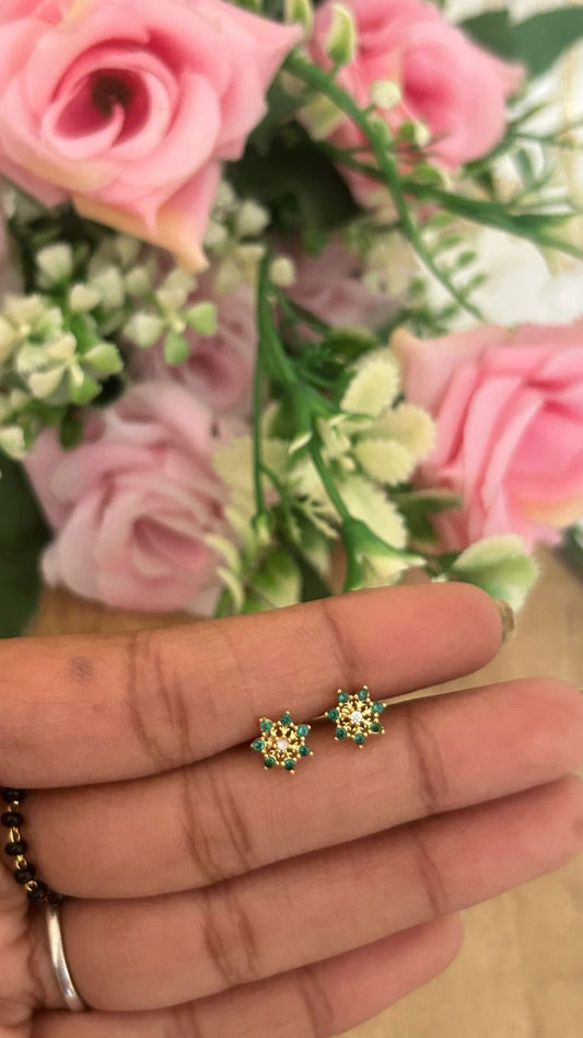 Tiny Green Stone Floral Stud Earrings – Nose Pin Type Back Screw | Mini Second Piercing Studs
