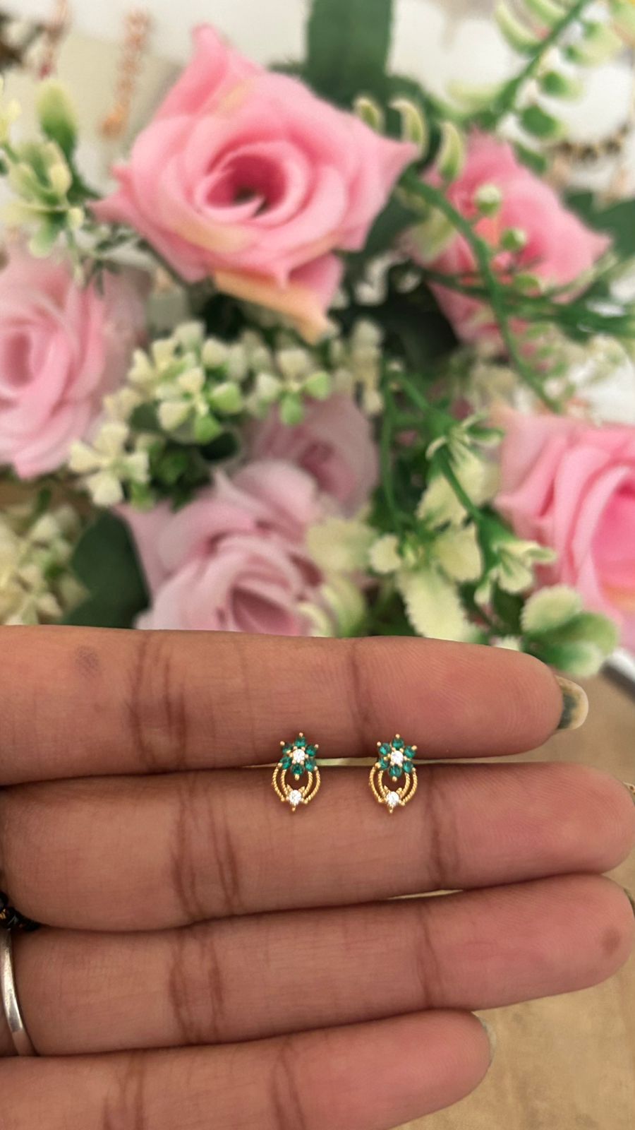 Dainty Green Stone Flower Stud with Drop – Nose Pin Back Screw | Second Piercing Earrings