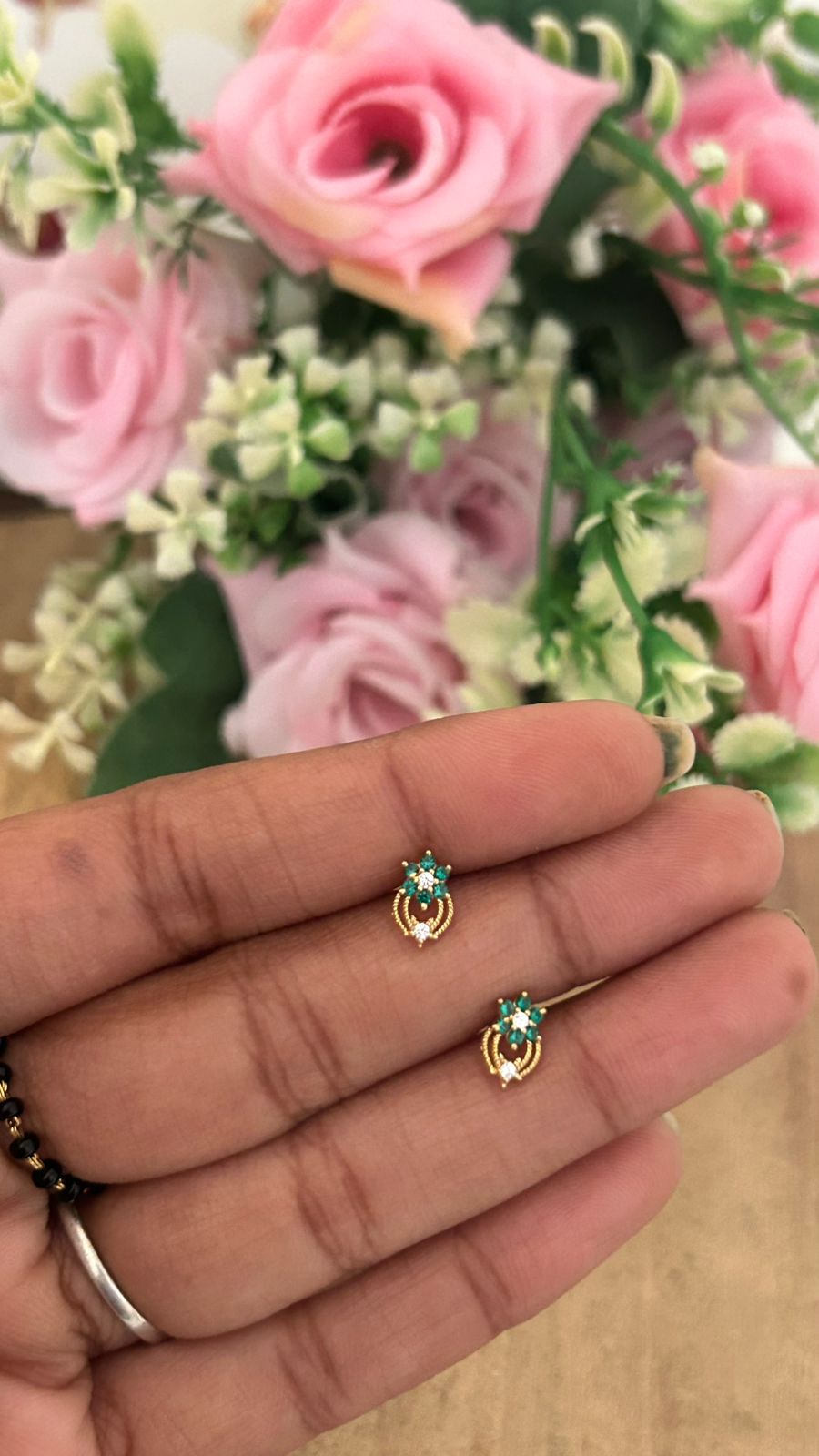 Dainty Green Stone Flower Stud with Drop – Nose Pin Back Screw | Second Piercing Earrings