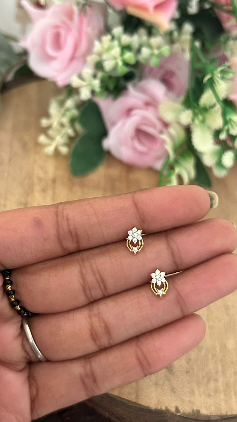 Dainty white Stone Flower Stud with Drop – Nose Pin Back Screw | Second Piercing Earrings ll small earrings