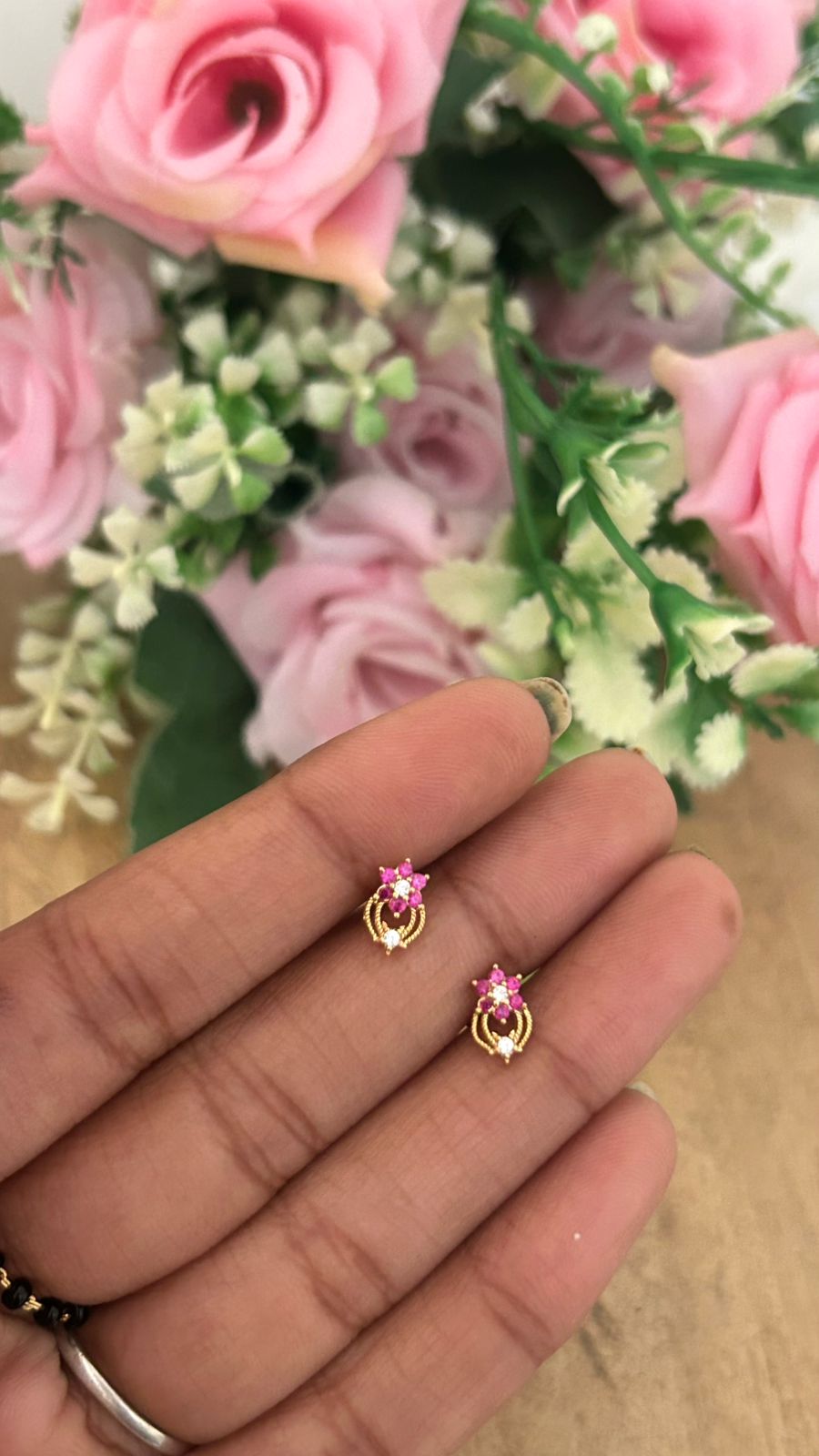 Dainty redStone Flower Stud with Drop – Nose Pin Back Screw | Second Piercing Earrings