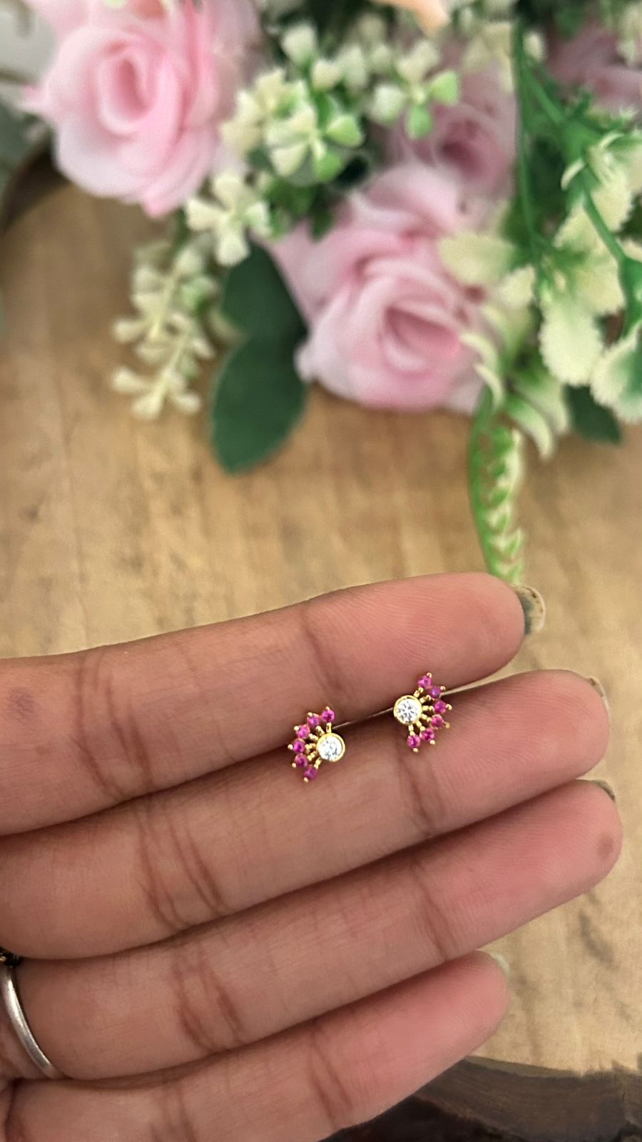 Tiny Pink Stone Cluster Stud Earrings – Nose Pin Type Screw Back | Mini Second Piercing Studs