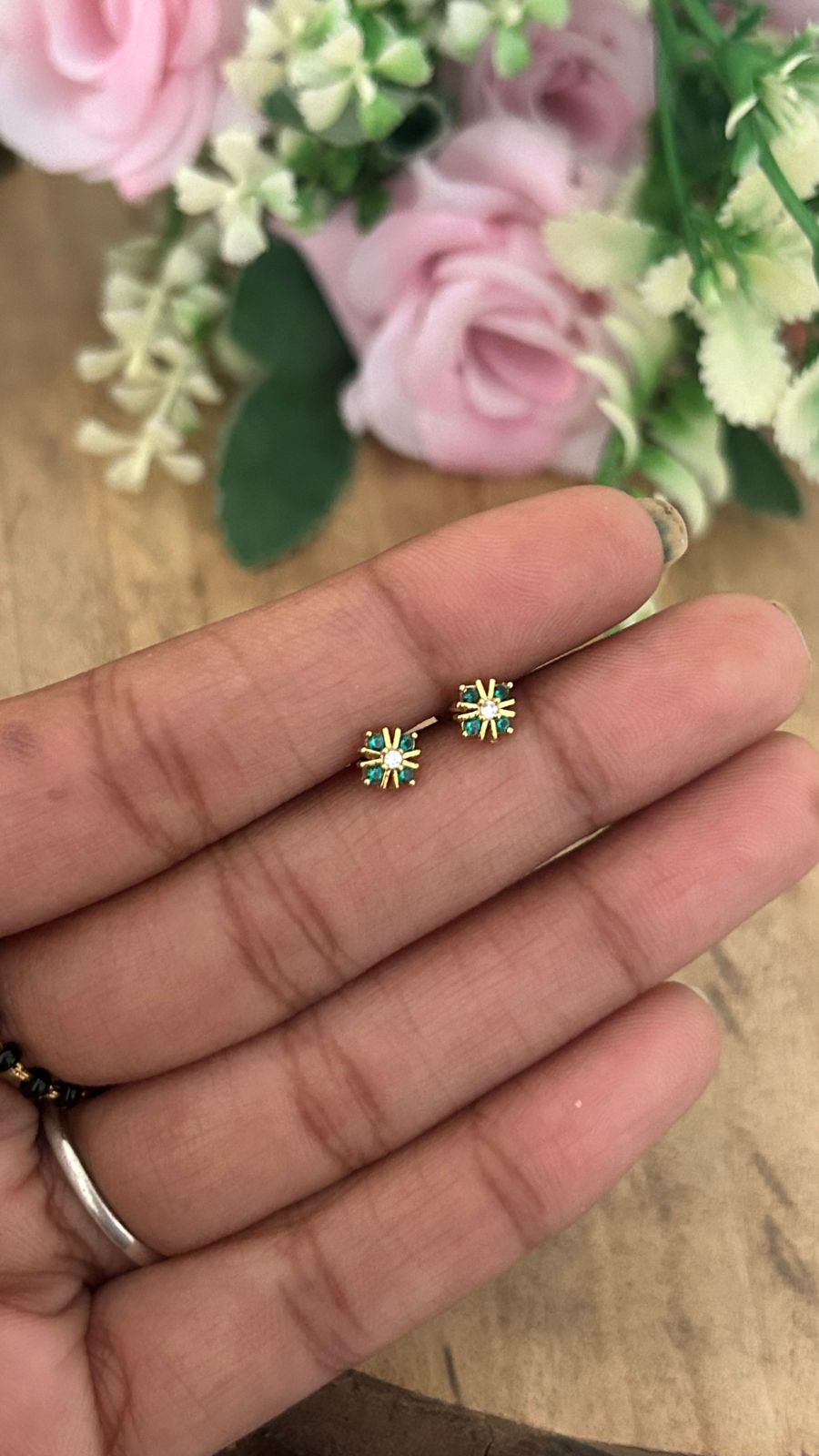 Tiny Flower Stud Earrings  in green – Minimal Nose Pin Size Gold Plated Studs