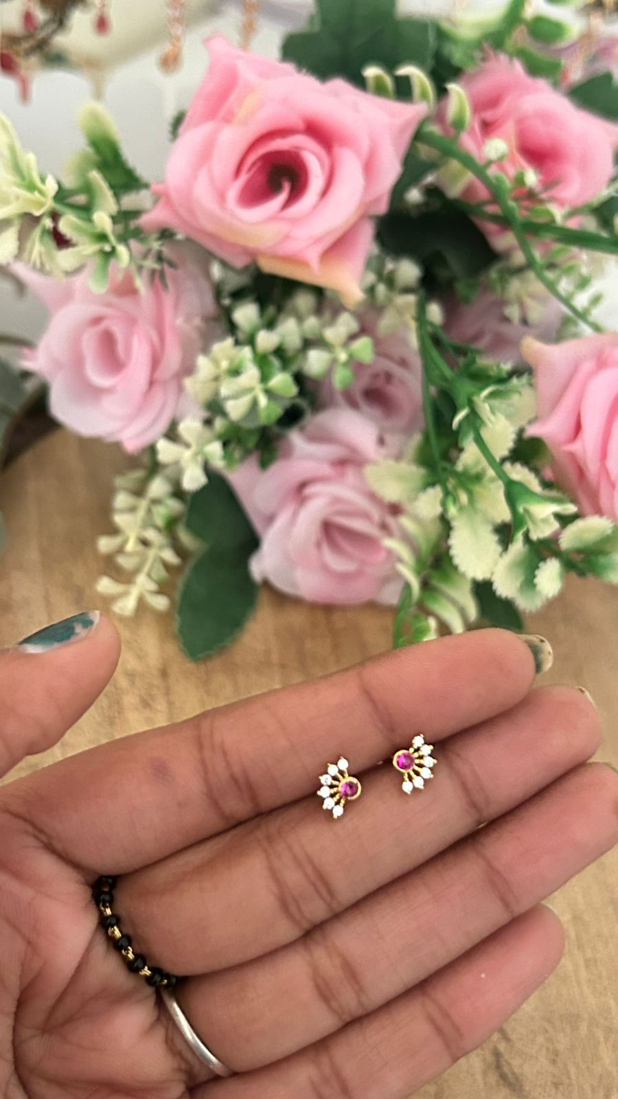 Tiny white with Pink Stone Cluster Stud Earrings – Nose Pin Type Screw Back | Mini Second Piercing Studs